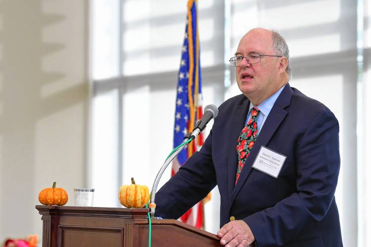 Northwestern District Attorney David Sullivan speaks at the Children’s Advocacy Center’s Hope, Healing & Help Breakfast at Greenfield Community College on Friday morning.