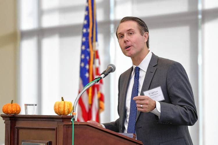 Jeffrey Trant, executive director of the Children’s Advocacy Center, welcomes those attending the Hope, Healing & Help Breakfast at Greenfield Community College on Friday morning.