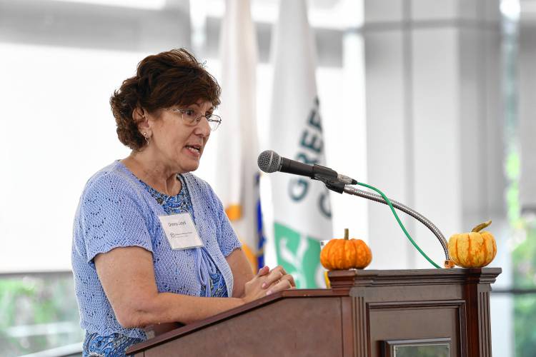 Donna Lloyd speaks at the Children’s Advocacy Center’s Hope, Healing & Help Breakfast at Greenfield Community College on Friday morning.