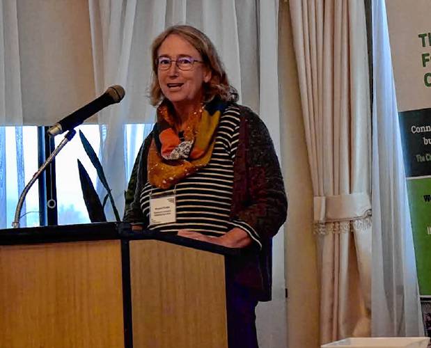 Margaret Christie, special projects director at Community Involved in Sustaining Agriculture (CISA), speaks at the Franklin County Chamber of Commerce breakfast at the Terrazza restaurant on Friday morning.