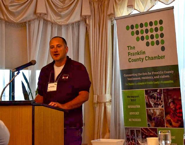 Michael Nelson, president of Franklin County Agricultural Society, speaks at the Franklin County Chamber of Commerce breakfast at the Terrazza restaurant on Friday morning.