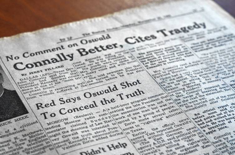 Page 17 of The Boston Globe’s Nov. 25, 1963, edition includes a Reuters report of a Soviet radio commenter suggesting the shooting of Lee Harvey Oswald, suspected of assassinating President John F. Kennedy two days earlier, was intended the cover up the truth of the assassination. This story was published the day of Kennedy’s funeral service.