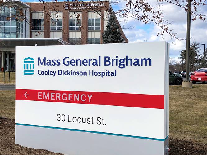 A view of the front entrance sign for Cooley Dickinson Hospital in Northampton.