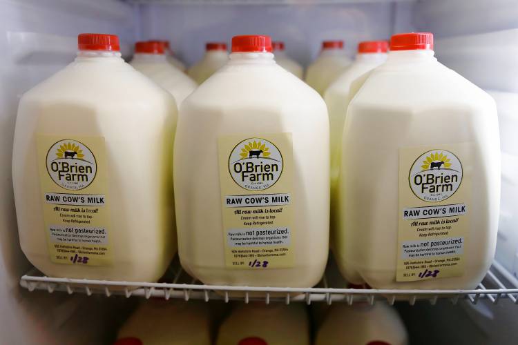 Raw milk for sale at the farm stand at O’Brien Farm on Tuesday afternoon in Orange.