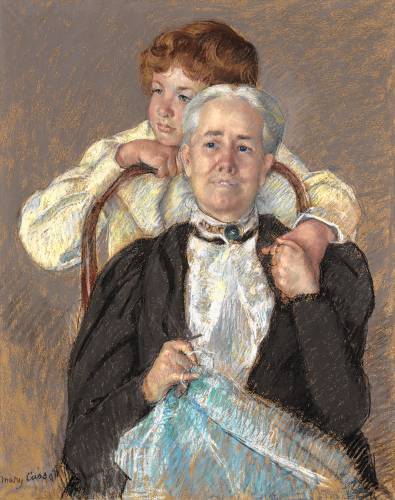 Mary Cassatt was strongly influenced by Edgar Degas and was the only American woman allowed to join and exhibit with the Impressionists. Here is her 1898 pastel, “Portrait of Mrs. Cyrus J. Lawrence.”