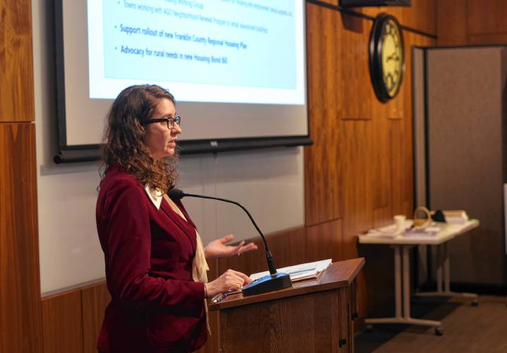 Lynne Feldman of LifePath speaks at a Community Health Improvement Plan discussion at the John W. Olver Center in Greenfield on Thursday. 