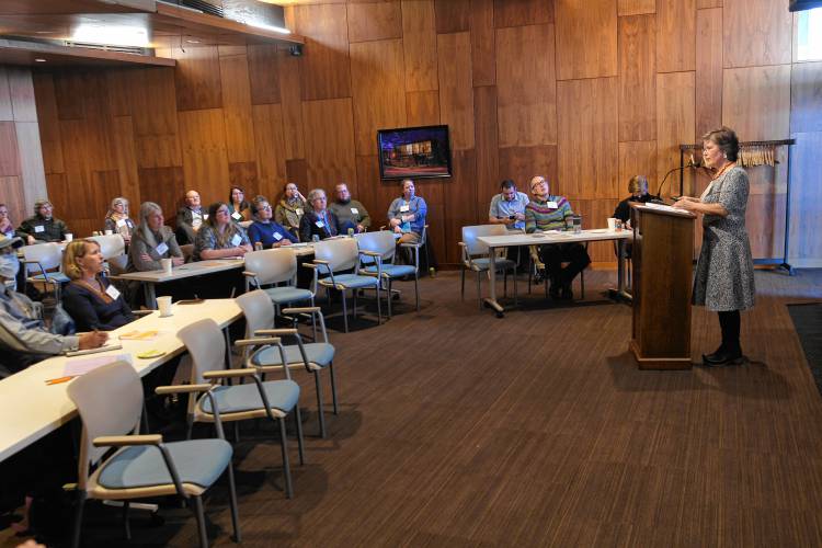 Phoebe Walker of the Franklin Regional Council of Governments speaks at a Community Health Improvement Plan discussion at the John W. Olver Center in Greenfield on Thursday.