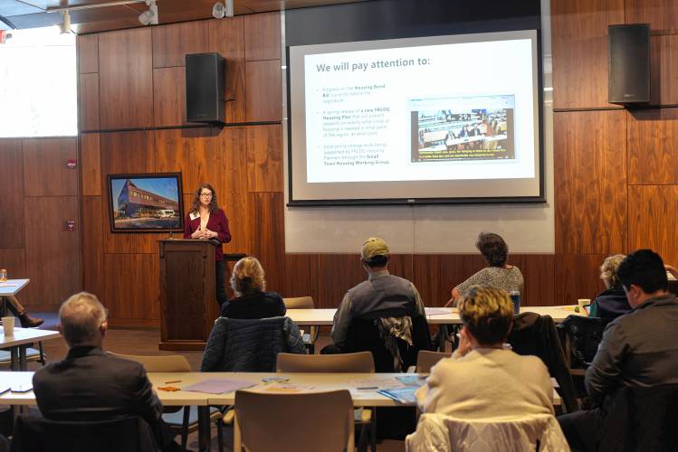 Lynne Feldman of LifePath speaks at a Community Health Improvement Plan discussion at the John W. Olver Center in Greenfield on Thursday. 