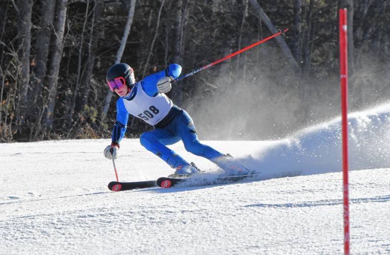 Grayson Bishop of Mohawk Trail competes in the giant slalom at the PVIAC Individual Championships at Berkshire East in Charlemont on Thursday.