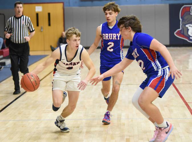 Mahar’s Lucas Isrow moves the ball up court against Drury earlier this season in Orange. The Senators earned the No. 1 seed in the upcoming PVIAC Class C Tournament and will host No. 8 Lenox on Tuesday. 