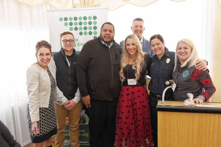 From left, Jayne Trosin of Franklin County’s YMCA, Ryan Martin of Current Electric and Current Energy, Steven Rickman of The Learning Knoll, Jessye Deane of the Franklin County Chamber of Commerce, Wade Bassett, chamber board of directors chair, Trisha Dana of the Turners Falls Fire Department and Stoneleigh-Burnham’s Head of School Laurie Lambert at the Franklin Chamber of Commerce Breakfast at Terrazza on Friday morning.