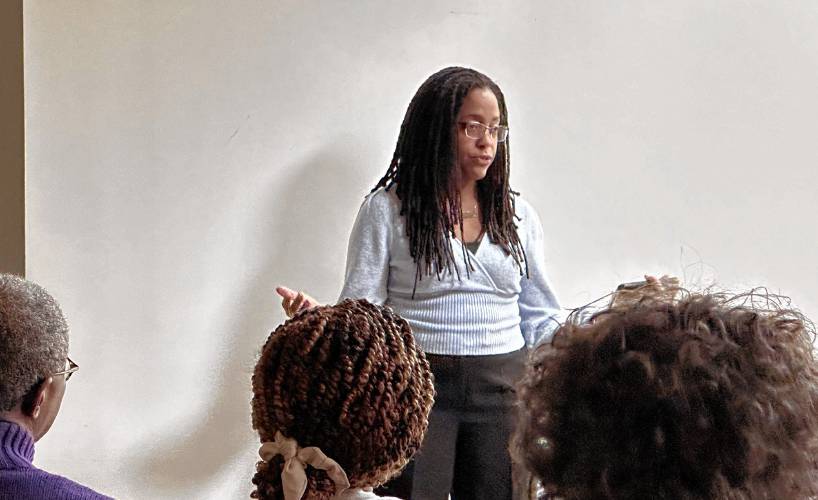 Dr. Khama Ennis speaks about her “Faces of Medicine” documentary series at The LAVA Center in Greenfield on Friday. The series is centered on the paths of Black female physicians in the United States.