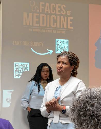 Dr. Rose Cesar, a gastroenterologist in Greenfield who was interviewed for the “Faces of Medicine” documentary series, speaks at The LAVA Center in Greenfield on Friday. The series is centered on the paths of Black female physicians in the United States.