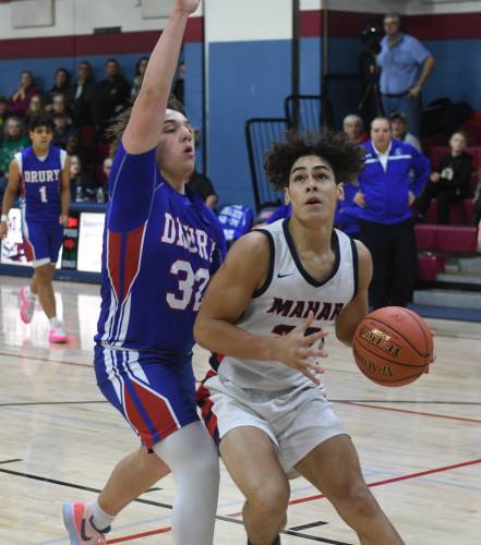 Mahar’s Jayden Delgado is defended by Drury’s Connor Hinkell in Orange earlier this season.  