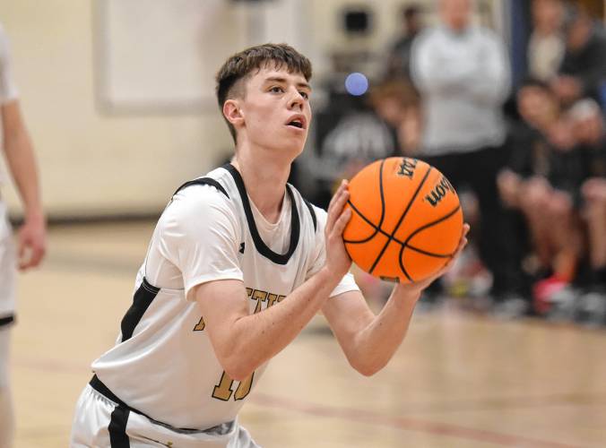 Pioneer’s Brayden Thayer shoots a free throw against Duggan during first half action of a Western Mass. Class D semifinal contest at Messer Gymnasium in Northfield Wednesday. 