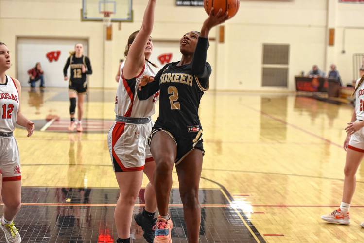 Pioneer’s Fota N’Diaye (2) goes to the basket against Hoosac Valley during the Panthers’ 57-35 loss in the Western Mass. Class D championship game on Saturday at Westfield High School.