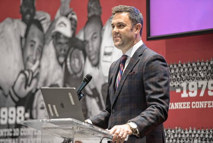 University of Massachusetts  Director of Athletics Ryan Bamford introduces Don Brown as the new head coach of the football program during a press conference at the Martin Jacobson Football Performance Center on Dec. 1, 2021.