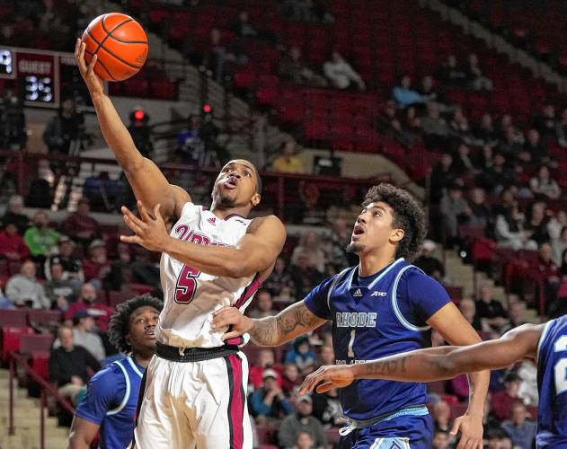 UMass’ Keon Thompson (5) goes to the basket against Rhode Island earlier this season. Thompson and the Minutemen host Fordham in their regular season finale on Wednesday at the Mullins Center.