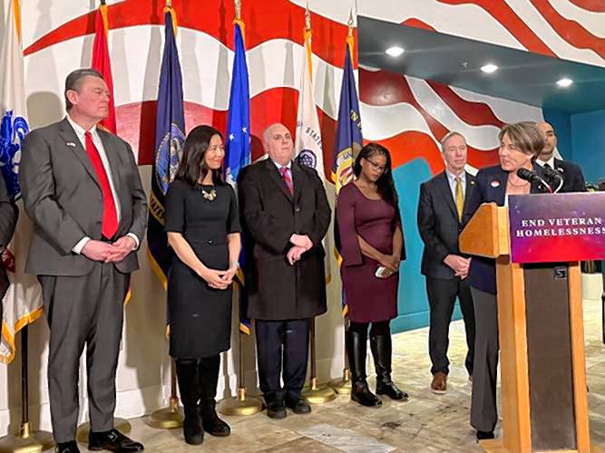 Gov. Maura Healey announced a $20 million campaign to end veteran homelessness at the New England Center and home for Veterans in downtown Boston on Tuesday. She was joined by Housing and Livable Communities Secretary Ed Augustus, Boston Mayor Michelle Wu, Boston City Councilor Ed Flynn, Sen. Lydia Edwards, Congressman Stephen Lynch, and Secretary of Veterans Services Jon Santiago.