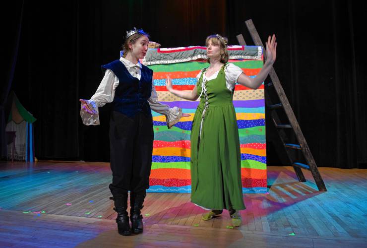 Ivy Newcombe as Prince Dauntless and Willa Punches as Princess Winnifred during rehearsals of “Once Upon a Mattress” put on by the Four Rivers Charter Public School Drama Club at the Shea Theater Arts Center in Turners Falls.