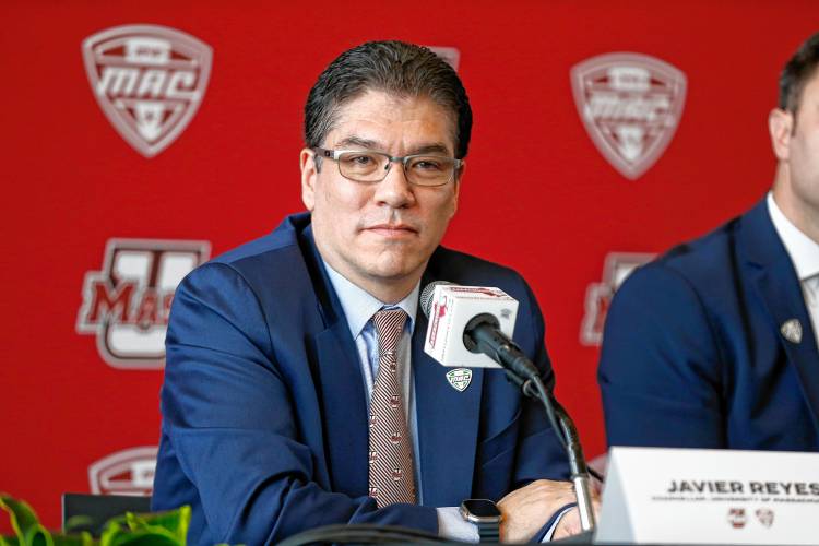 Chancellor Javier Reyes during a press conference at the Martin Jacobson Football Performance Center on Thursday regarding the University of Massachusetts joining the Mid-American Conference.