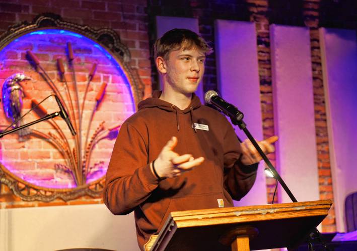 Franklin County’s YMCA staff member Levi Halla speaks at the kickoff celebration for the Y’s 2024 fundraising campaign at Hawks & Reed Performing Arts Center in Greenfield on Thursday evening.