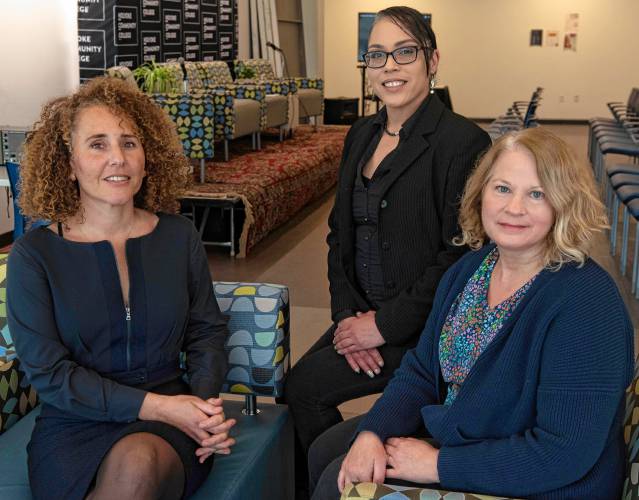 From left, Nicole Hendricks, a professor of criminal justice at Holyoke Community College; Sonia Mendez, who participated in the film; and Lisa Mahon, an English professor at HCC, participated in a panel discussion about the film “Finding the Words: The Story of Voices from Inside.” The documentary is about women writing to overcome their experiences with incarceration and addiction.