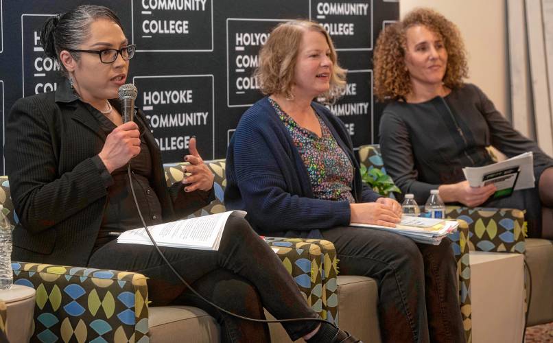 From left, Sonia Mendez, a panelist who participated in the film; Lisa Mahon, English professor at HCC; and Nicole Hendricks, professor of criminal justice at HCC, during a panel discussion about the film “Finding the Words: The Story of Voices from Inside.” The documentary is about women writing to overcome their experiences with incarceration and addiction.