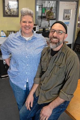 Kate Hunter, assistant manager in sales/marketing and a worker owner with Victor Signore, vegetable coordinator and worker owner, at Real Pickles in Greenfield.