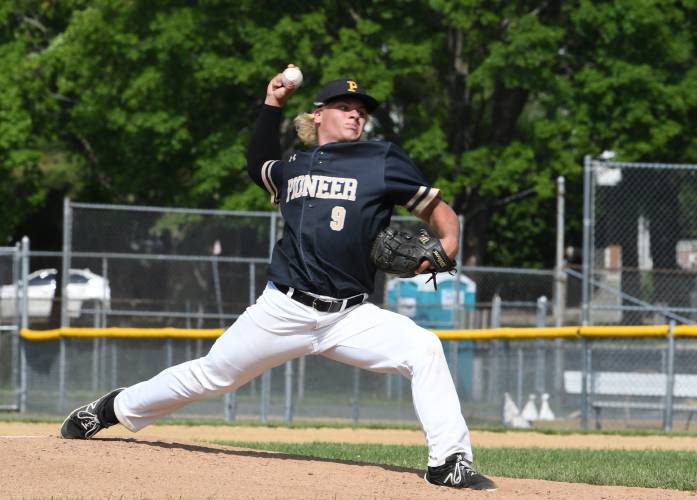 Pioneer’s Ethan Quinn pitches against Hopkins in the MIAA Div. 5 semifinal at MacKenzie Stadium in Holyoke last year.