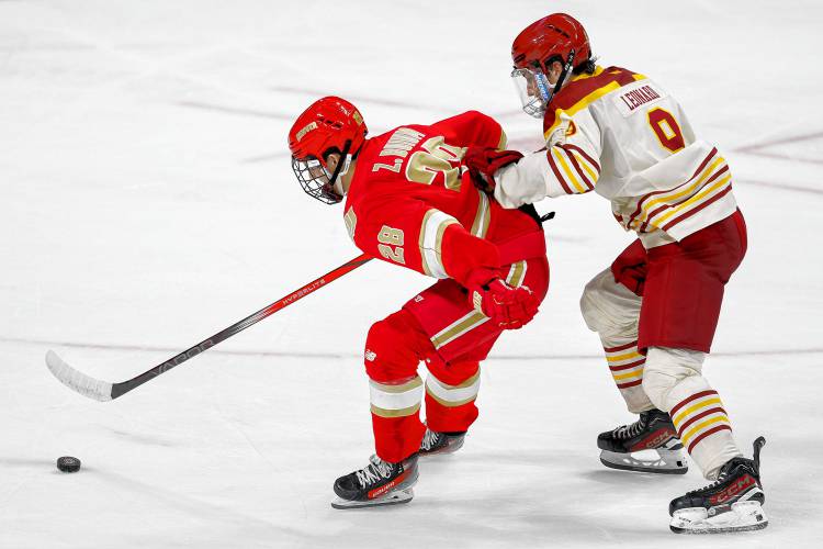 Denver defenseman Zeev Buium (28) keeps the puck away from Boston College forward Ryan Leonard (9) earlier this season in Chestnut Hill.