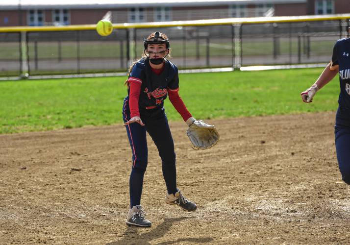 Mahar shortstop Dakota Cleveland (4) flips the ball to third base for an out against Northampton during Franklin County League East action on Monday in Orange.