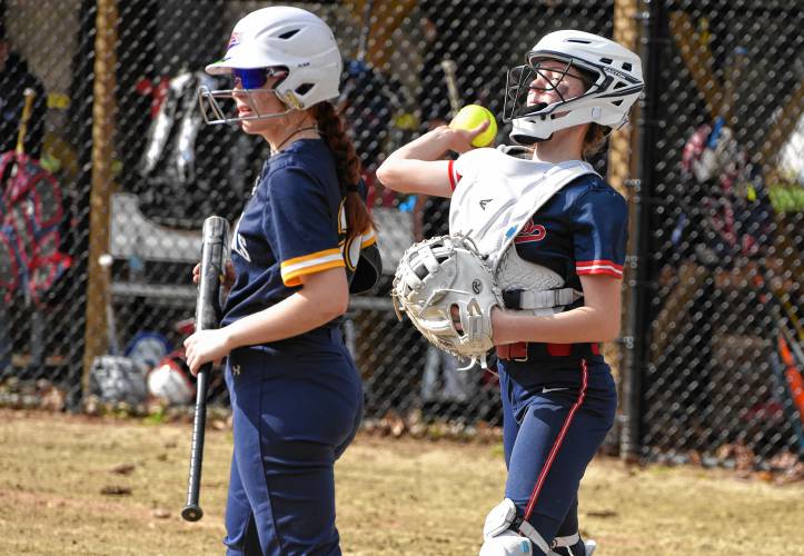 Mahar catcher Avery Savage readies for a throw to third base against Northampton during Franklin County League East action on Monday in Orange.