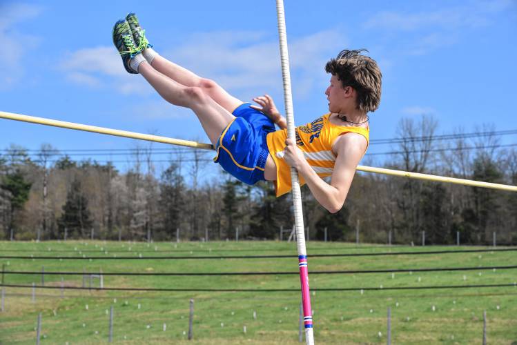 Mohawk Trail’s Wyatt Alling competes in the pole vault during a meet against Frontier in Buckland on Monday. 