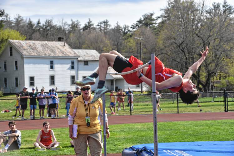 Frontier’s Luke Howard competes in the high jump during a meet against Mohawk Trail in Buckland on Monday. 