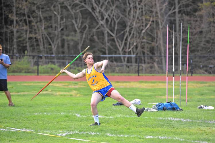 Mohawk Trail’s Oliver Schwenger-Saltz competes in the javelin during a meet against Frontier in Buckland on  Monday. 