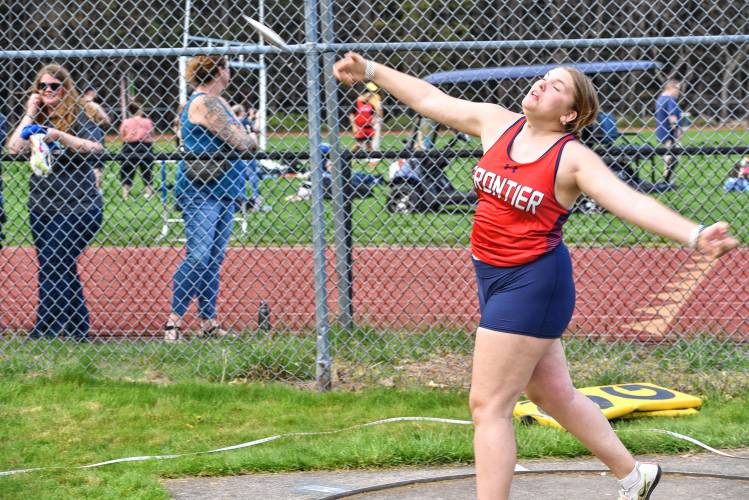 Frontier’s Lilly Novak competes in the discus during a meet against Mohawk Trail on Monday in Buckland. 