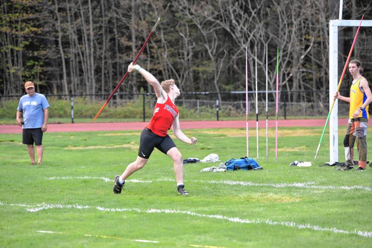 Frontier’s Aiden Dredge competes in the javelin during a meet against Mohawk Trail on Monday in Buckland. 