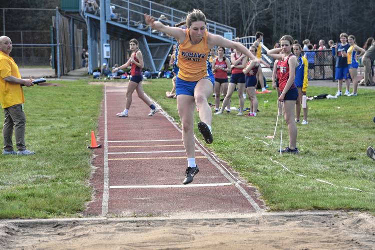 Mohawk Trail’s Emmy Sisum competes in the triple jump during a meet against Frontier on Monday in Buckland. 