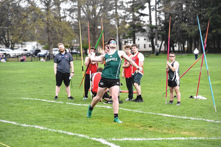 Greenfield’s Jon Breor competes in the javelin during a meet in Greenfield on Wednesday. 