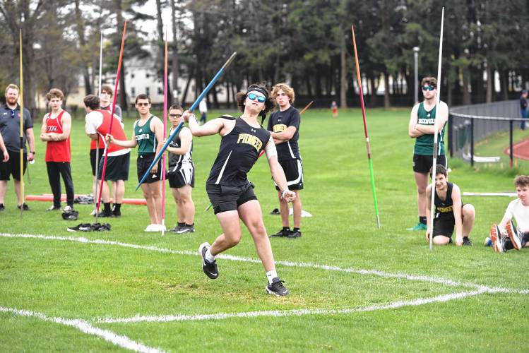 Pioneer’s Jayden Tyler competes in the javelin during a meet in Greenfield on Wednesday. 