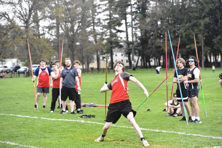 Athol’s Riley Reed competes in the javelin during a meet in Greenfield on Wednesday. 