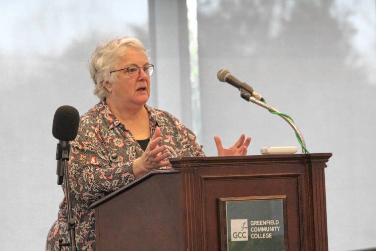 Community Action Pioneer Valley Executive Director Clare Higgins speaks at the agency’s 2024 annual meeting and 60th anniversary celebration Friday morning at Greenfield Community College.