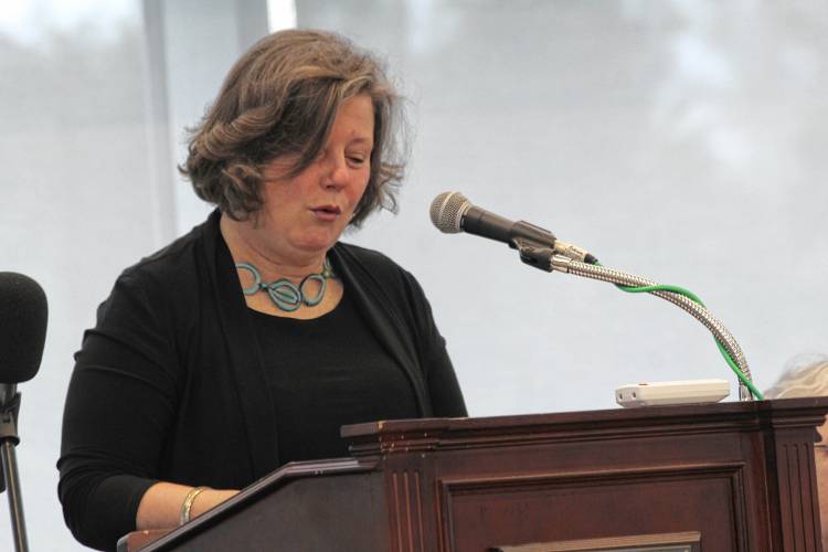 State Sen. Jo Comerford, D-Northampton, speaks at Community Action Pioneer Valley’s 2024 annual meeting and 60th anniversary celebration Friday morning at Greenfield Community College after receiving the Sargent Shriver Public Service Award.