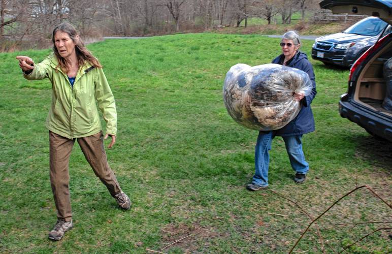 Peggy Hart, left, an organizer for Western Mass Fibershed and owner of Bedfellow Blankets in Shelburne Falls, and Barbara Goodchild, of Barberic Farm in Shelburne, unload bags of waste wool Goodchild is donating to Western Mass Fibershed to make into wool pellets.