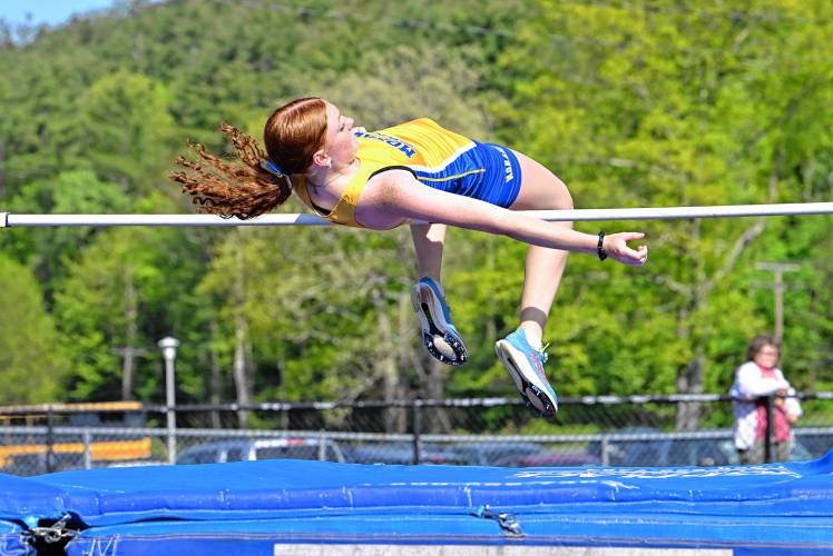 Mohawk Trail’s Natalie Lanoue competes in the high jump during a meet against Athol in Buckland on Tuesday. 