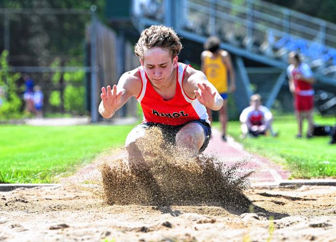 Athol’s Brady O’Connell competes in the long jump during a meet against Mohawk Trail in Buckland on Tuesday. 