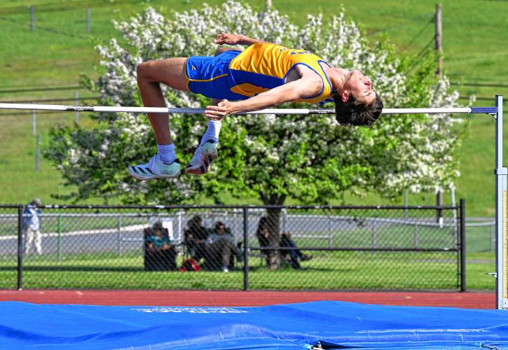 Mohawk Trail’s Chay Mojallali competes in the high jump during a meet against Athol in Buckland on Tuesday. 