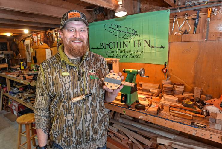 Brandin Coates makes turkey calls in his Hawley workshop.