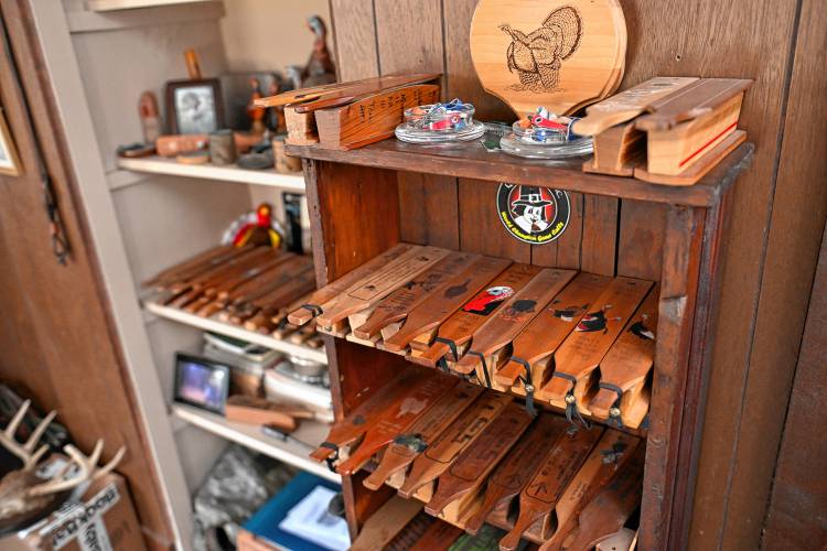 These turkey calls make up a small portion of the hunting gear on display in Joe Judds home.